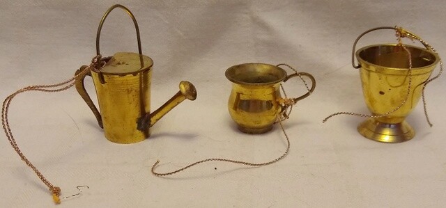 3 BRASS ORNAMENTS Watering Can, Handled Bucket & Dollhouse Sized Spittoon