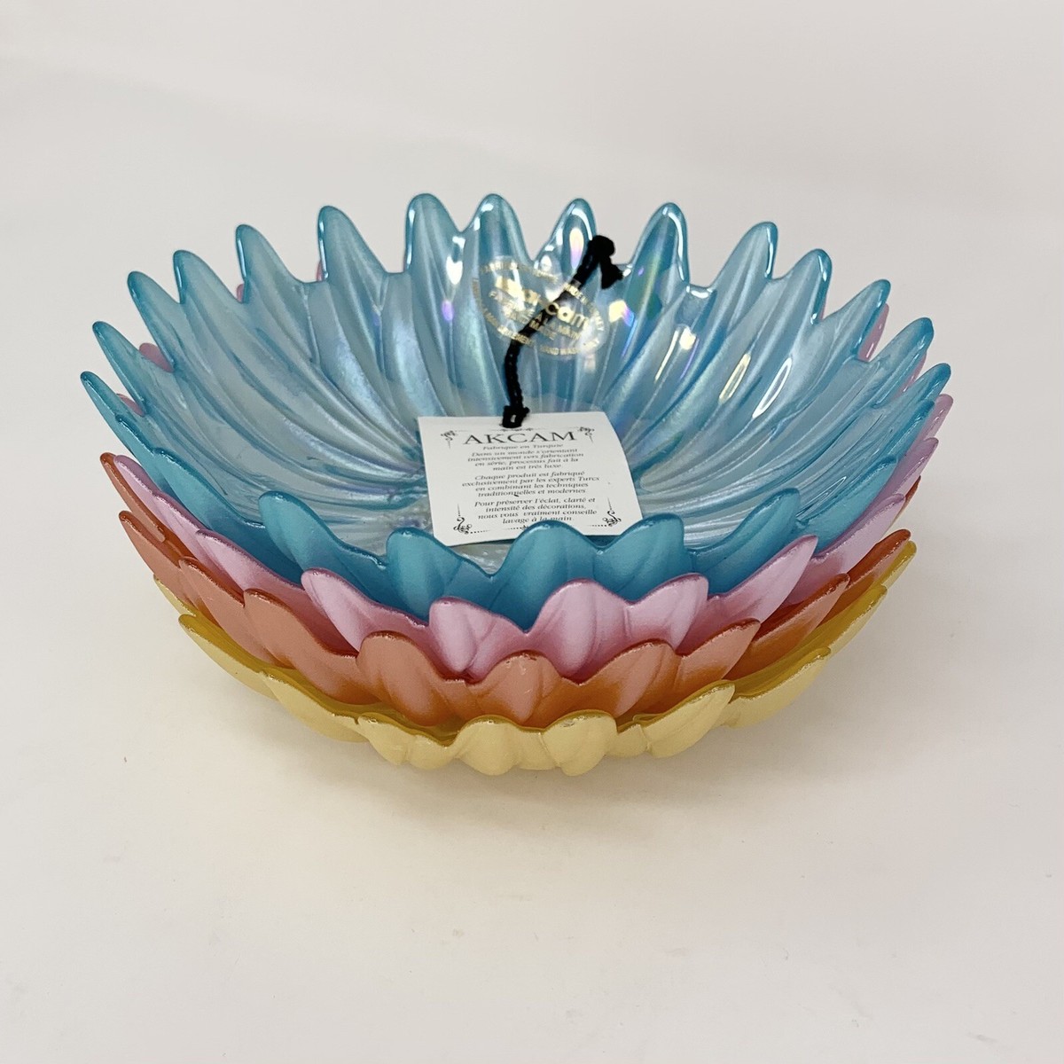 食器 SEMI CRYSTAL Set of 4 AKCAM Turkish Glass Iridescent Jewel Tone Sunflower