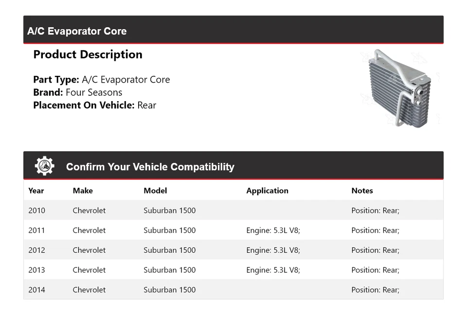 Задняя сердцевина испарителя для Chevrolet Suburban 1500 2010-2014 годов выпуска 4 сезона 2011 года - Изображение 2 из 4