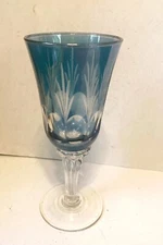 AJKA STYLE STEM GLASS  BLUE CUT TO CLEAR CRYSTAL 3 ozs HUNGARY BOHEMIAN 6" H