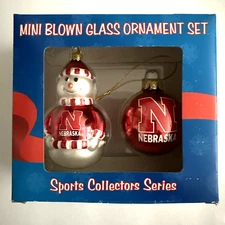 Nebraska Cornhuskers Mini Blown Glass Ornament Set Snowman & Ball Topperscot NEW