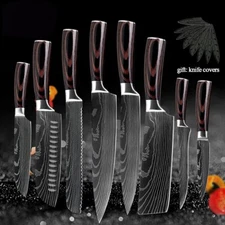 8 Piece Kitchen Knives Set Japanese Damascus Pattern Stainless Steel Chef Knife