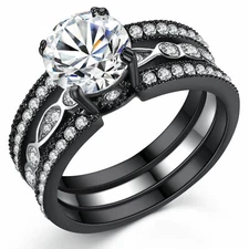 2.74 Ct Round Cut CZ Black Stainless Steel Engagement Wedding Rings Set For Her