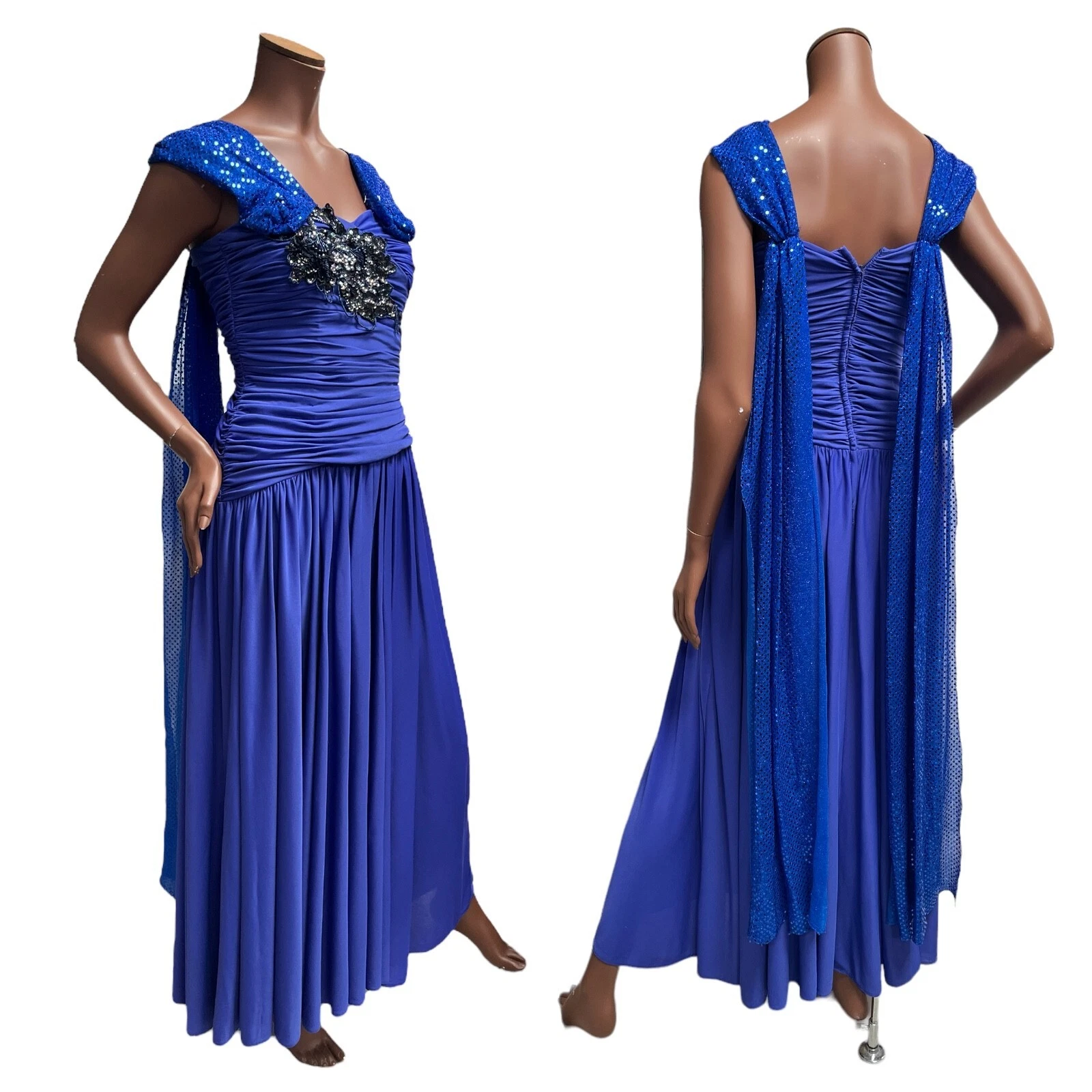 Vintage 80s 8-10 After 6 Ronald Joyce Blue Sequin Evening Formal Glam Dress