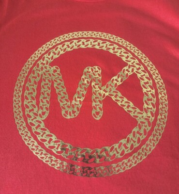 NWT MICHAEL KORS Sz XS Red Metallic Gold Chain Print Logo T