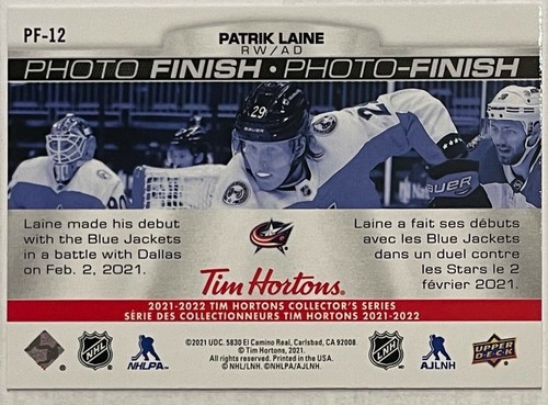 2021-22 UD Tim Hortons PATRIK LAINE Photo Finish #PF-12 COLUMBUS BLUE JACKETS - Bild 2 von 2