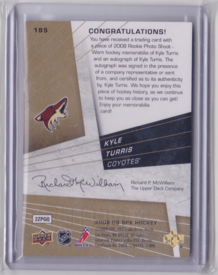 2008-09 UD SPX ROOKIES JERSEY PATCH AUTO GOLD SP 17/25 KYLE TURRIS #185 COYOTES - Image 3 of 3