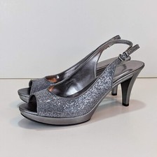 Nine West SZ 9.5 Karoo 4"  Platform Sling Back Heels Pumps Womens Silver Formal