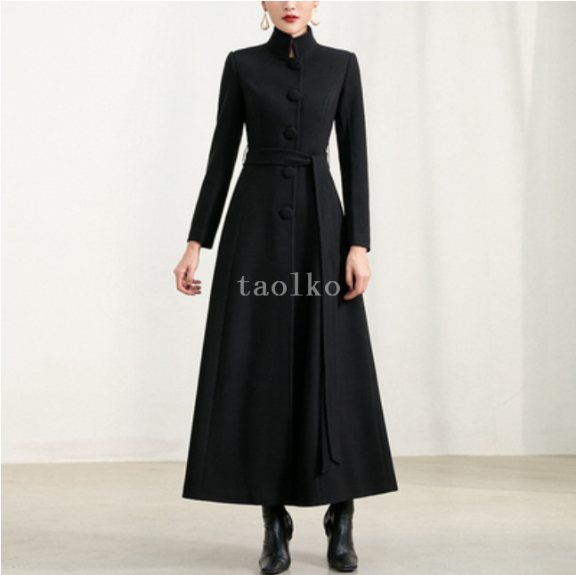 Women's Stand Collar Single Breasted Wool Blend Long Trench Coat Winter  Overcoat