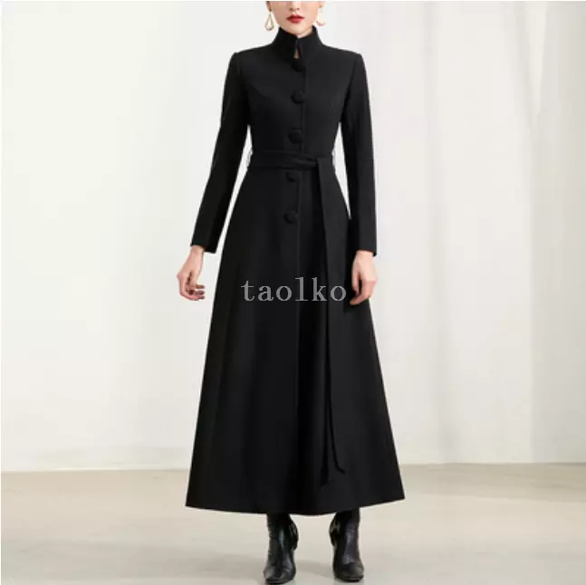 Women s Stand Collar Single Breasted Wool Blend Long Trench Coat Winter Overcoat