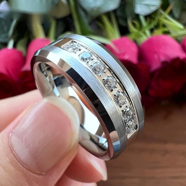 Anillo banda de carburo de tungsteno con incrustación de piedra circonita cúbica negra/blanca de 8 mm para hombres mujeres anillo Foto 3 de 4