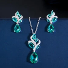 Light Blue Cubic Zircon Stone Women Drop Pendant Necklace Earrings Jewelry Sets