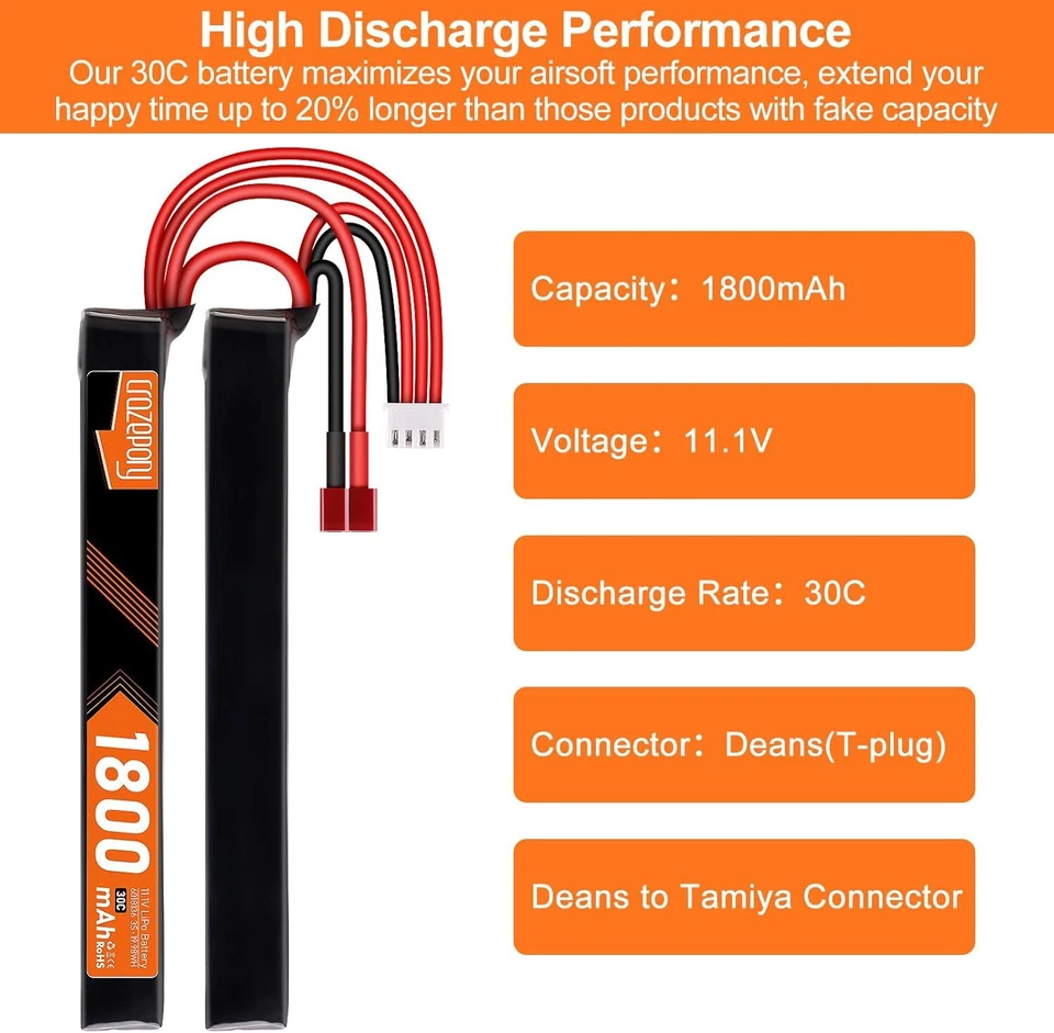 11,1V 1800mAh 3S LiPo-Airsoft-Batterie 30C Nunchuck Split Pack mit Deans T-steck - Bild 4 von 4