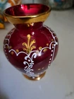 Vintage Vecchia Murano Ruby Red Glass Vase with Gold Trim - 4" Tall