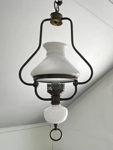 Vtg Converted Oil Lamp To Electric Hang Light Electric French Country Milk Glass