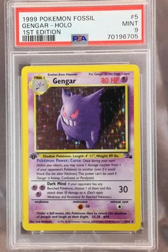 1999 Pokémon Gengar Holo, 1st Edition Fossil #5/62, PSA 9 Mint