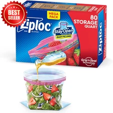 Quart Food Storage Bag Stay Open Design w/ Stand-Up Bottom Easy to Fill 80 Count