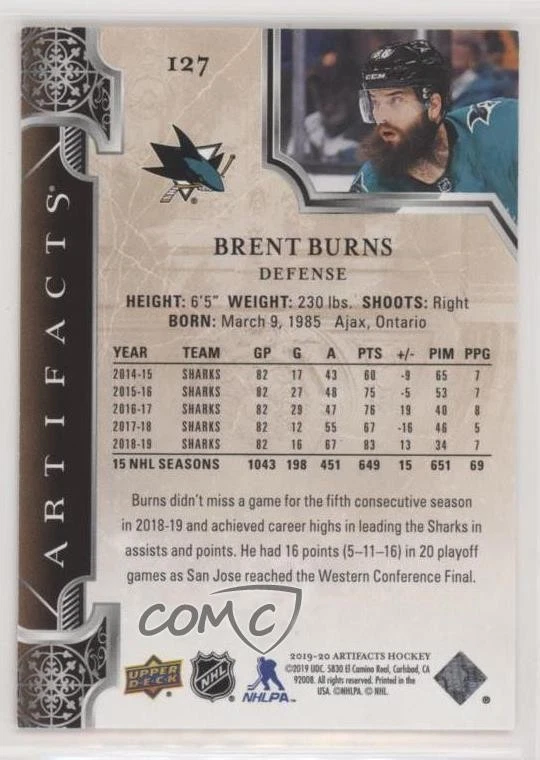 2019-20 Upper Deck Artifacts Stars Ruby /399 Brent Burns #127 - Image 2 of 2