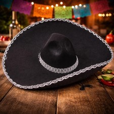 6-PC Adult Size Mariachi Hats Black w/ Silver Lace Trim Southwest Sombrero  905