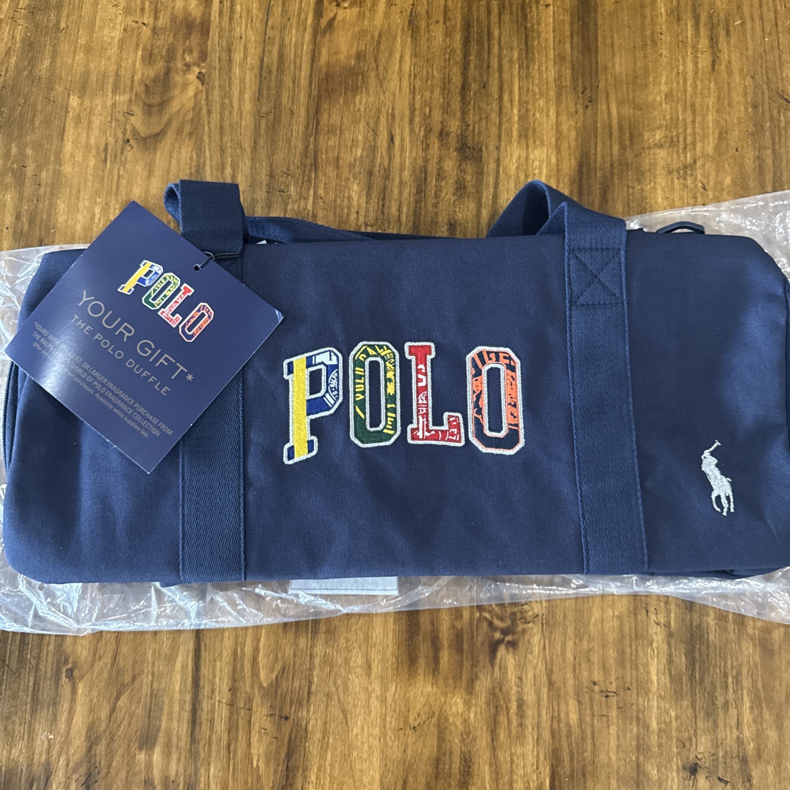 Polo Ralph Lauren Navy Duffle Bag Multicolor Logo Detachable Strap Large