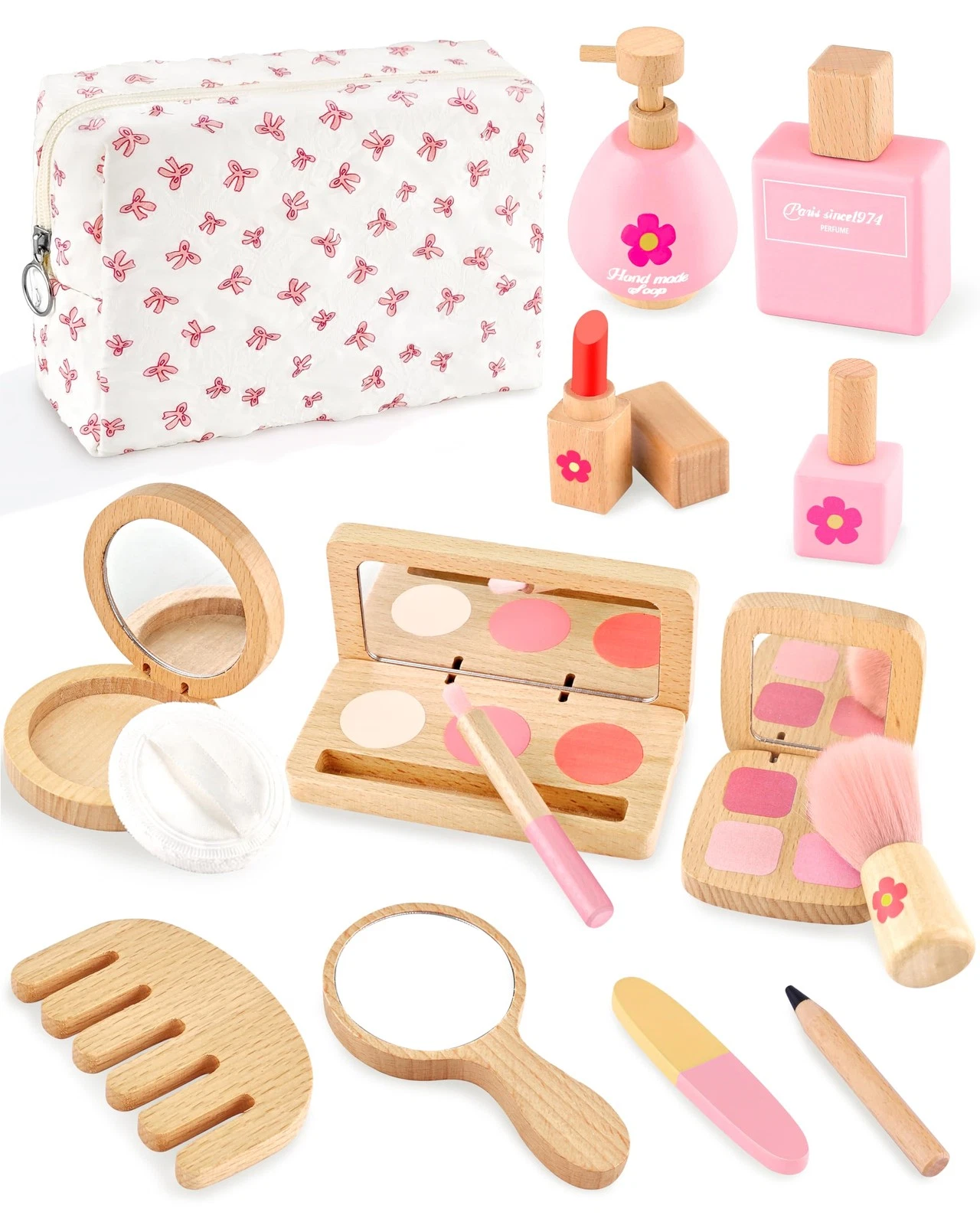 Wooden Pretend Makeup Kit for Girls Ages 3–5, Pretend Play Cosmetic Set with ...