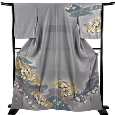 Japanese Silk Houmongi Kimono M 162.5cm Gray Grass and flowers Haze Partial 3827