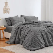 Seersucker Dark Grey King Size Comforter Set 7 Pieces, All Season Bedding Set, K