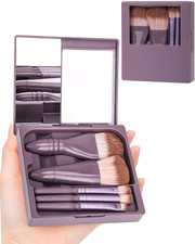5pc Travel Makeup Brush Set with Mirror Compact Case Portable Cosmetic Kit