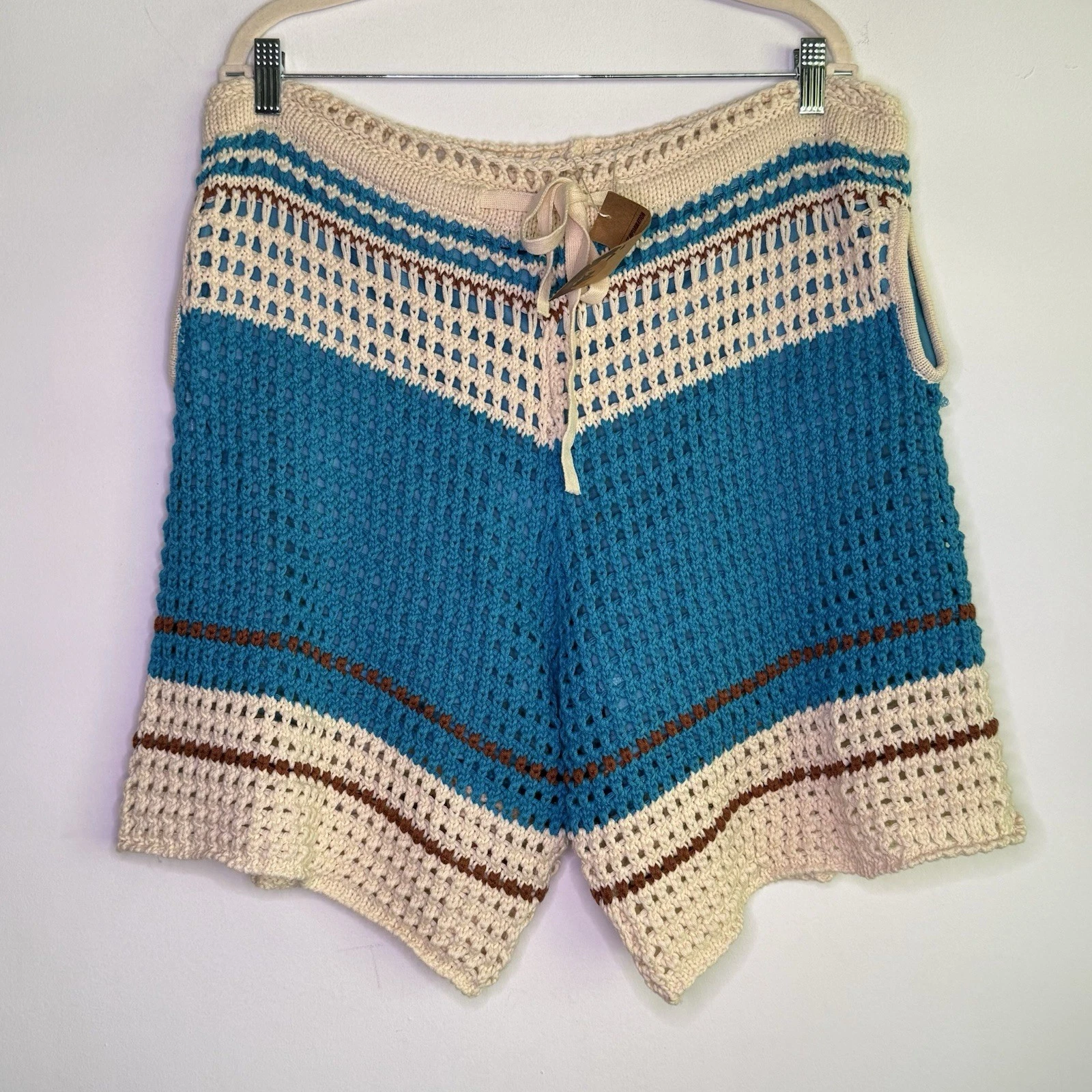 Manly Men’s Crochet Knit Shorts Cotton Linen Blend Lined Boho Festival Size L