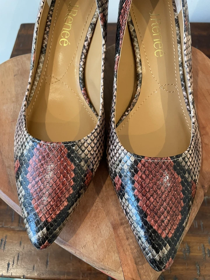 Zapatos de salón J. Renee Malika con estampado de serpiente, para mujer talla 6,5 M marrón rojo punta puntiaguda nuevos Foto 2 de 4
