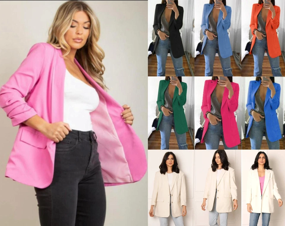 Womens Ruched Sleeve Fully Lined Blazer Collared Casual Ladies Formal Jacket Top - Image 2 of 2