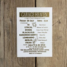 Garage Heaven Rave Flyer. Marcus Garvey Centre Nottingham. Friday 30th July 1993