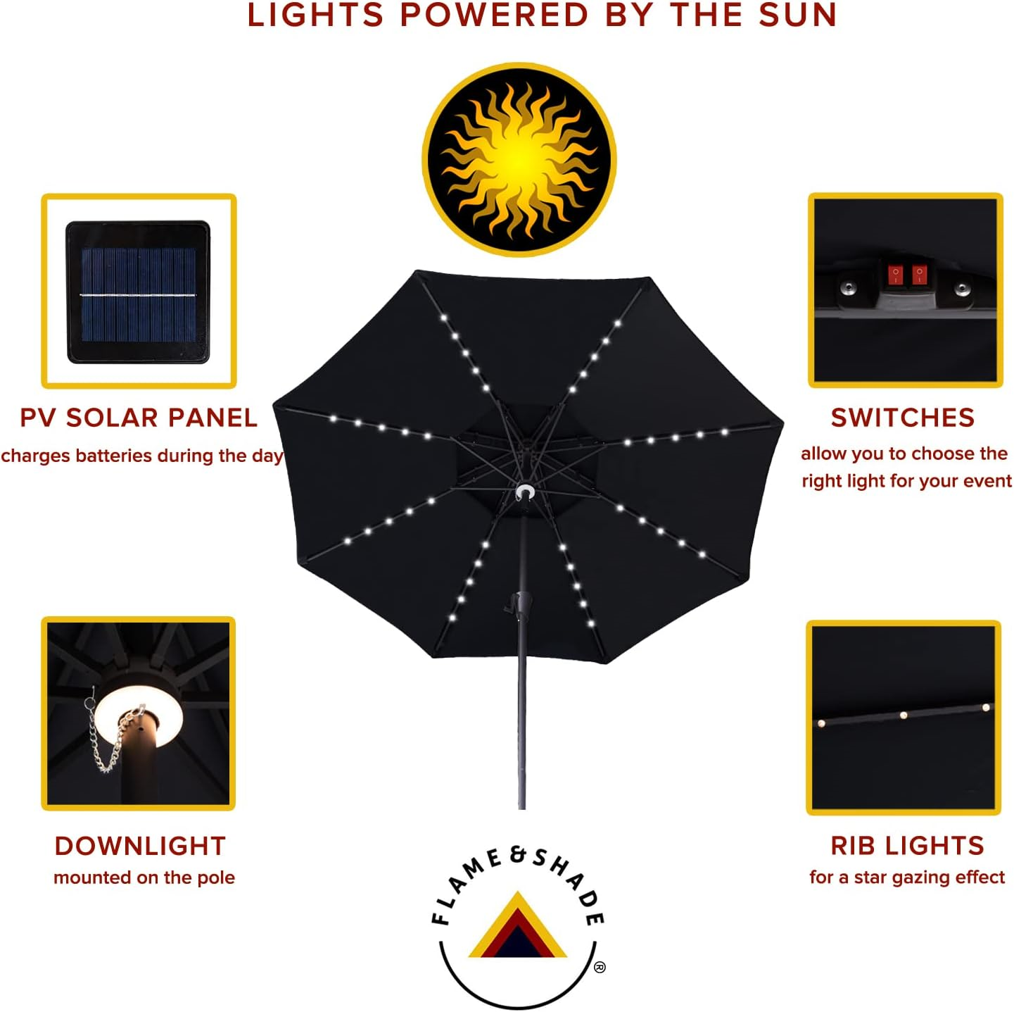 FLAME&SHADE 9 ft Double Top Solar Powered Outdoor Market Patio Table