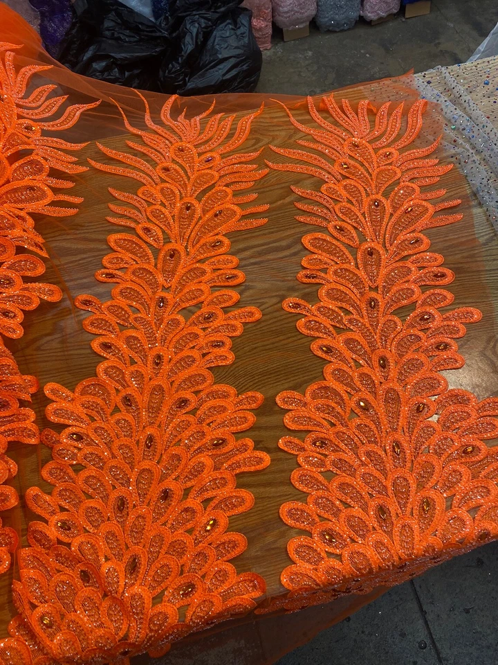 NARANJA Pavo Real Lentejuelas Gema Cuentas Malla, Vestidos Lencería Tela VENDIDO POR EL PANEL Foto 2 de 3