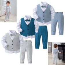 Toddler Boys Gentleman Suit Bow Tie Dress Shirt Vest Pants Wedding Outfits