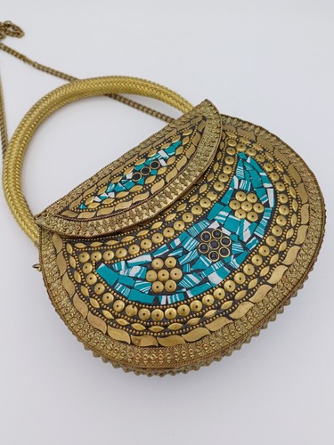 Stunning Ethnic Gold Tone Metal Handmade Mosaic Top Handle & Cross Body Handbag - Picture 2 of 17