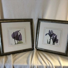 Pair Purple Iris Wall Prints Picture Framed Under Glass 2 prints. Made in USA