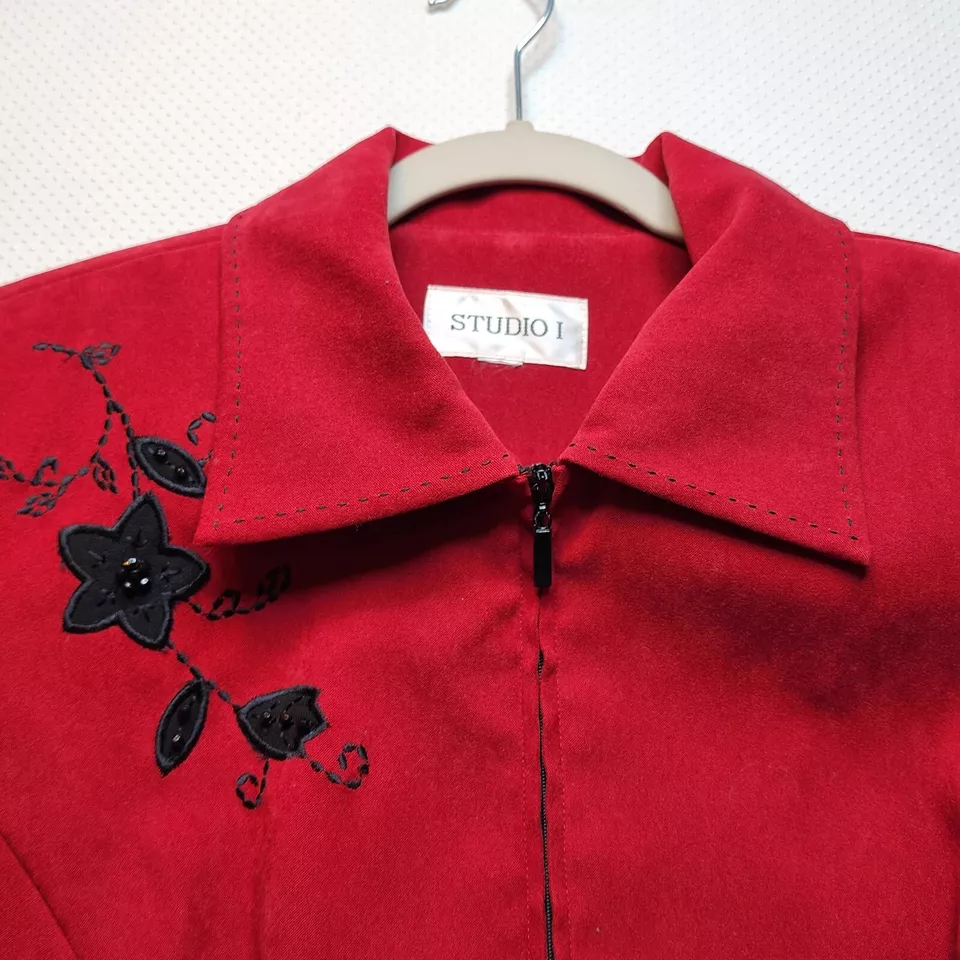 Studio I Womens Jacket Blazer Large Red Black Embroidered Floral Beaded Full Zip - Image 2 of 4