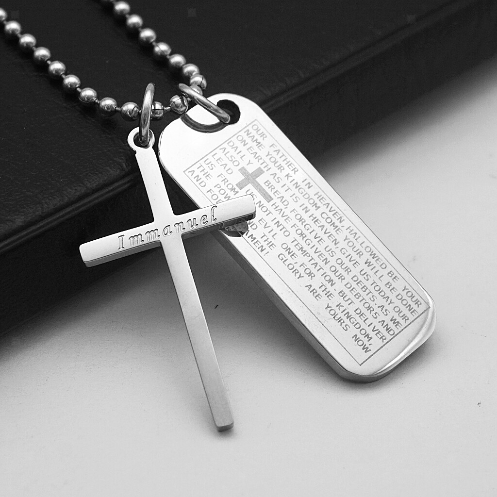 Two-pieces Mens Bible Cross Dog Tag Pendant Necklace Stainless