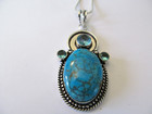 Crystals Pendant Sterling Silver Necklace New Oval Turquoise w/Three Blue Topaz