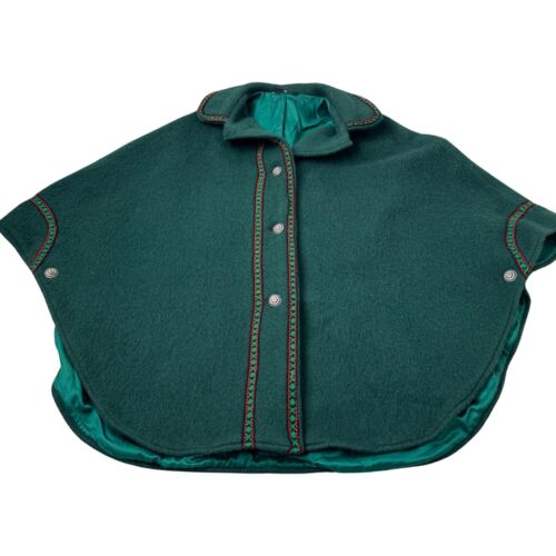 Vintage Green Cape Coat Button Front Wool Blend Size 40 Arm Holes