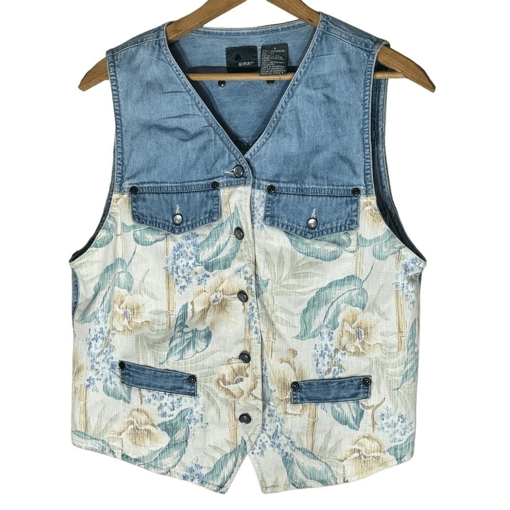 Vintage 90's Liz Wear Denim Floral Sleeveless Vest Size M | eBay