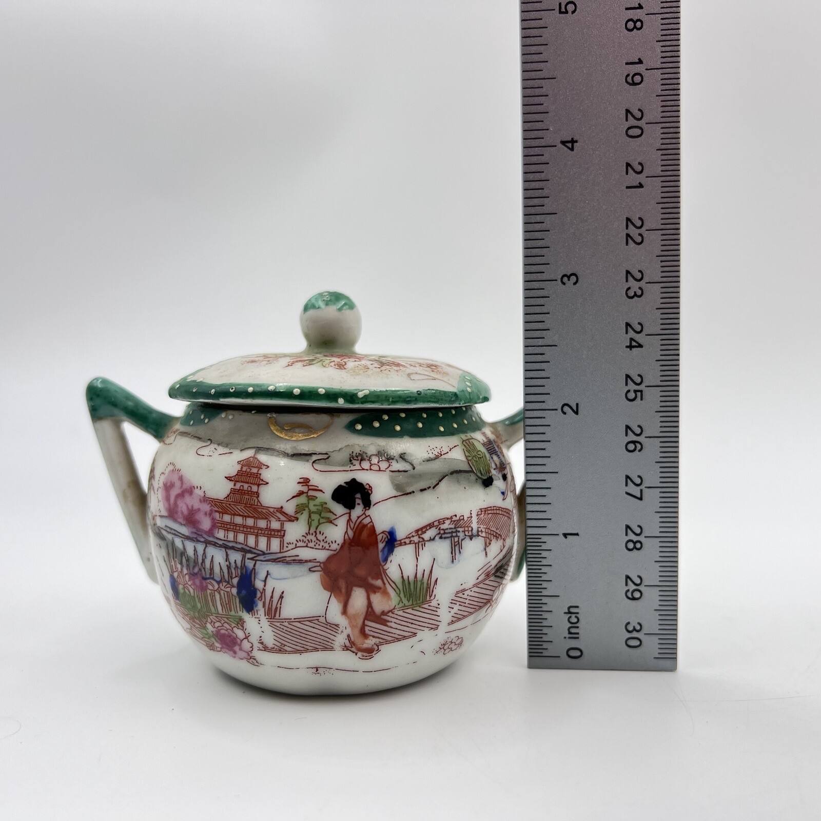 Hand Painted Japan China River Scene Set Of 2 Dishes Creamer Sugar Small Bowl