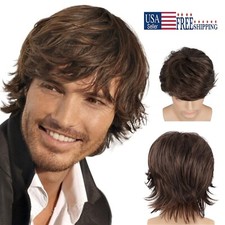 Thin Part Wig Human Hair Mens Wig Brown Short Layered Natural Wave Synthetic USA