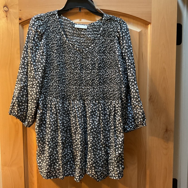 Croft & Barrow Women Black/White Daisy Print Smocked 3/4 Sleeve Tunic Top M NWOT