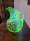 Antiq VTG Victorian Depression Vaseline Uranium Glass Pitcher Enamel Decorated