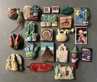 Southwestern Refrigerator Magnets, lot 21, Cactus, Aztec Pottery, Peppers, VTG