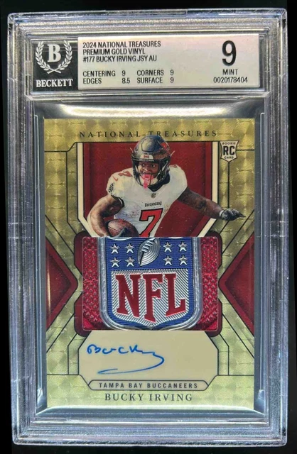 2024 National Treasures Bucky Irving Rookie Patch Auto NFL Shield Gold 1/1 BGS 9