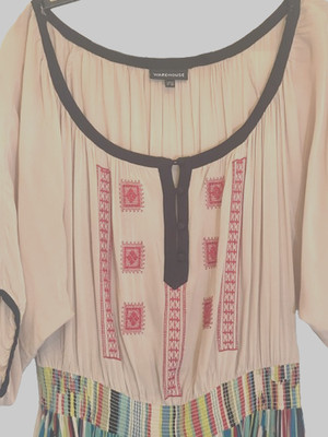 WAREHOUSE Bohemian Dress Beige Multicolor Fits L or XL Embroidered