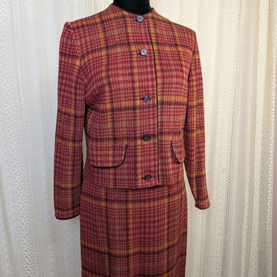 1960s Catalina Red Plaid Knit Blazer & Skirt Suit Set Vtg Sz 9 / 10 Mod Jackie O